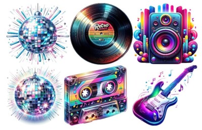 Bügelbild Bügelmotiv Disco 80er 80s Schallplatte Gitarre verschiedene Größen