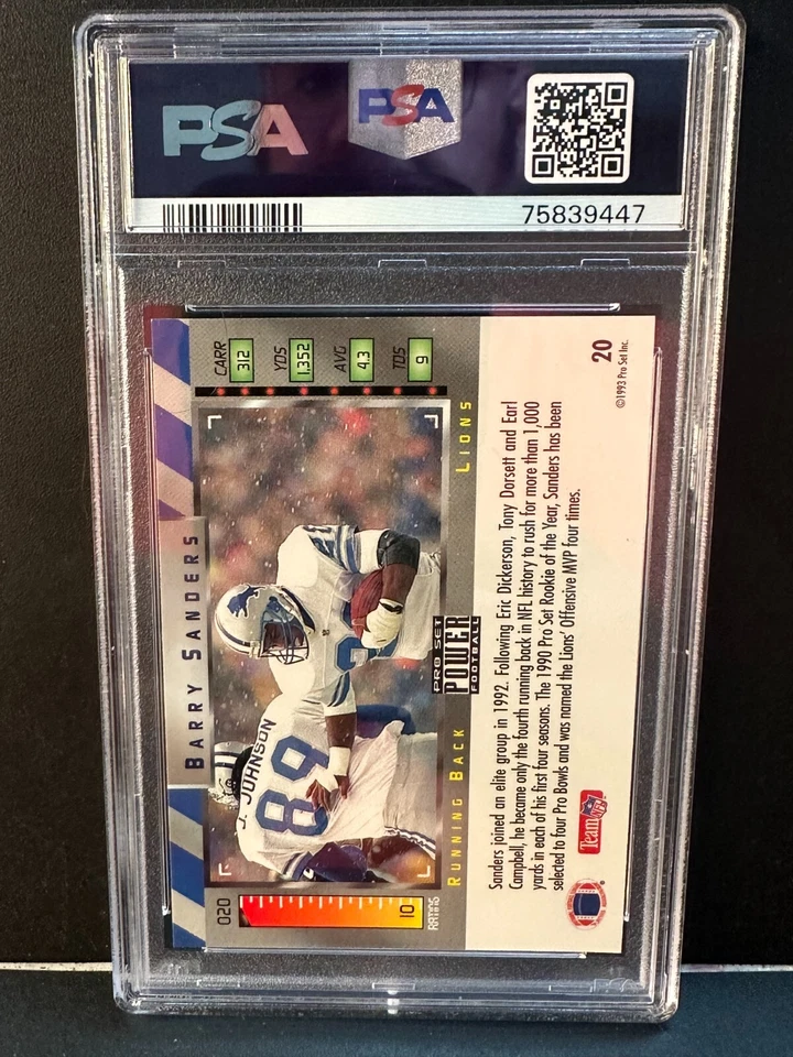 Barry Sanders 1993 Pro Set Power Gold Parallel SP Card #20 PSA 10 GEM MT POP 1 - Image 2 of 2