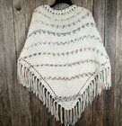New Cream Coral Teal Hand Knitted Shawl Wrap Scarf Boho Hippie Knit Chunky