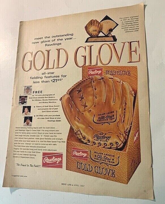 Rawlings Gold Glove ヴィンテージ硬式グローブ Vintage Ad Print Rawlings Golden Glove, Baseball Glove, 1967
