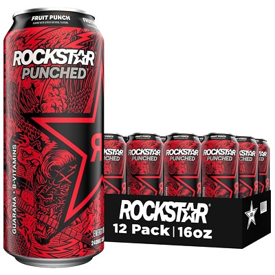 Rockstar Punched Energy Drink, Fruit Punch, 16oz Cans (Pack of 12)