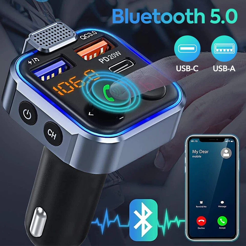 Автомобильный беспроводной FM-передатчик адаптер Bluetooth 5.0 зарядное устройство 2 USB PD громкая связь - Изображение 4 из 4