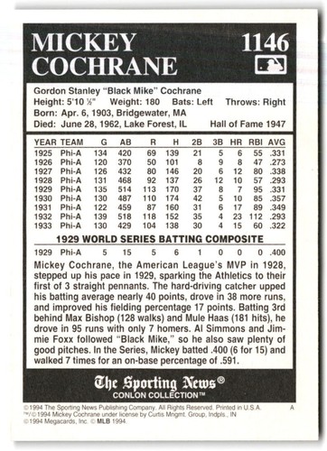 1994 The Sporting News Conlon Collection - Mickey Cochrane #1146 - Picture 2 of 2