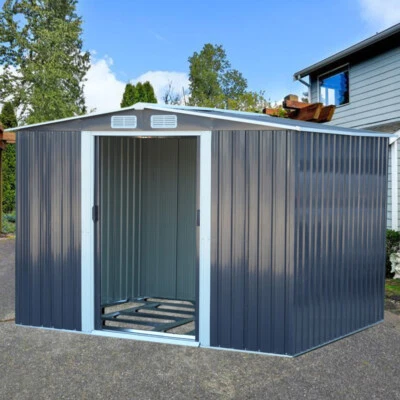 CLASSIFIED-FURNITURES 10x8ft Metal Garden Shed Apex Roof House Galvanised + Foundation Outdoor Storage