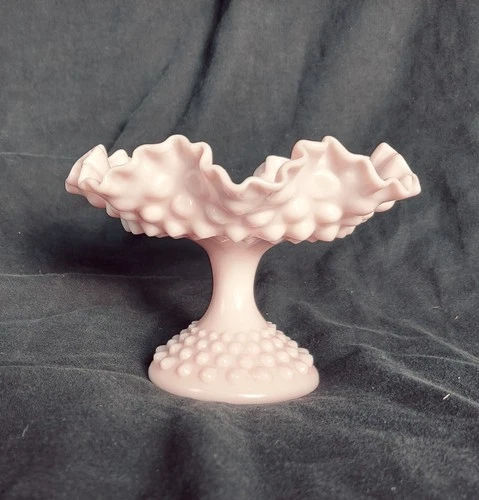 Vintage Fenton Pink Rose Milk Glass Hobnail Pedestal Compote Dish Ruffled