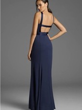 White by Vera Wang Long V-Neck Gown with Banded Waist Midnight Navy Blue Size 8