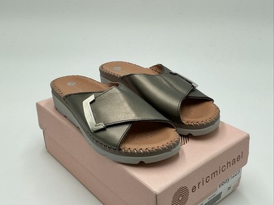 Eric Michael Agua Sandals Womens US 7.5-8 Pewter Leather Open Toe Slide Ebay1223