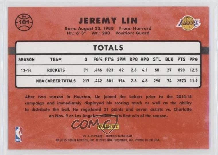 2014-15 Panini Donruss Press Proof Purple /199 Jeremy Lin #101 - Image 2 of 2