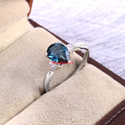 Natural London Blue Topaz With 18k White Gold Plated Silver Women's Ring #25