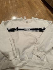 Victoria Secret Pink XXL Cream W/Ivy Green Fleece Classic Crew Sweatshirt NWT
