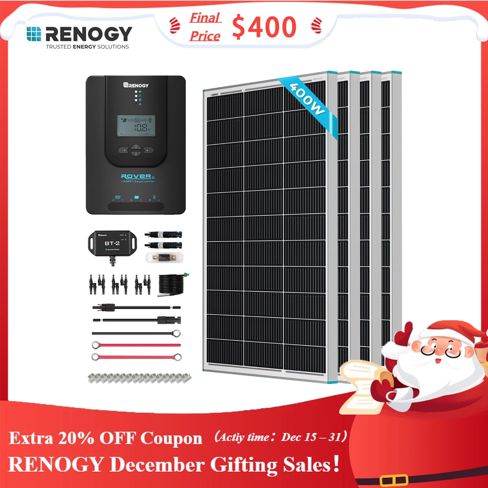 Renogy 400W 12V Solar Premium Kit (4x100W Panel+40A MPPT+Bluetooth) For RV/Cabin
