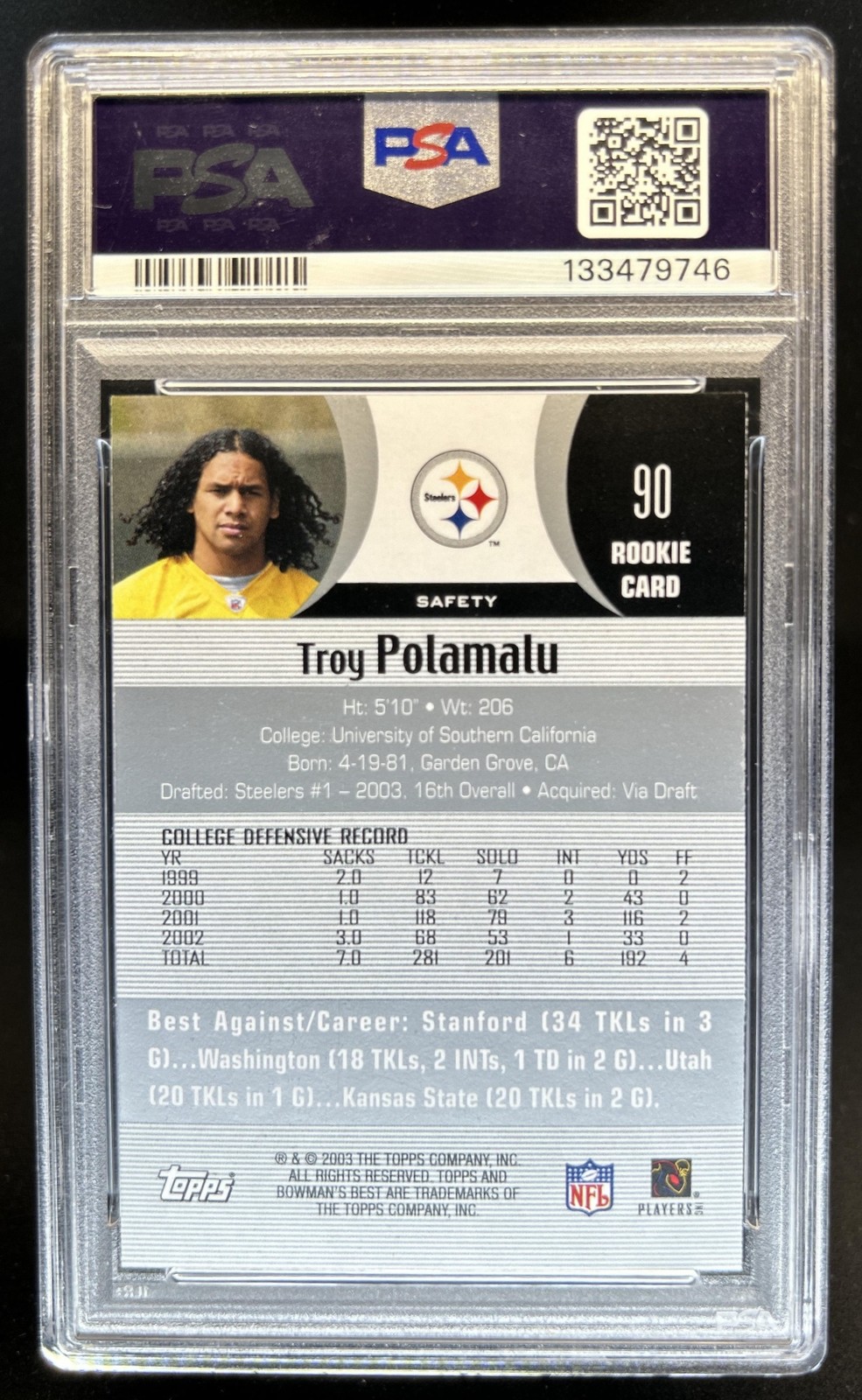 2003 Bowman's Best Troy Polamalu Rookie RC #90 Steelers PSA 10 GEM MINT view 2