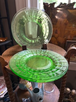6 Set Uranium Glass Plates  Block Optic  Pattern- Produced Depression Era 1930s