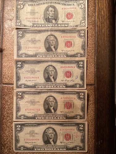 1953/1963 Series Red Seal $5 Bill and $2 Bills (4ea) Lot