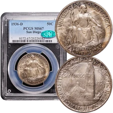 1936-D San Diego Commemorative Half Dollar 50c PCGS MS67 CAC