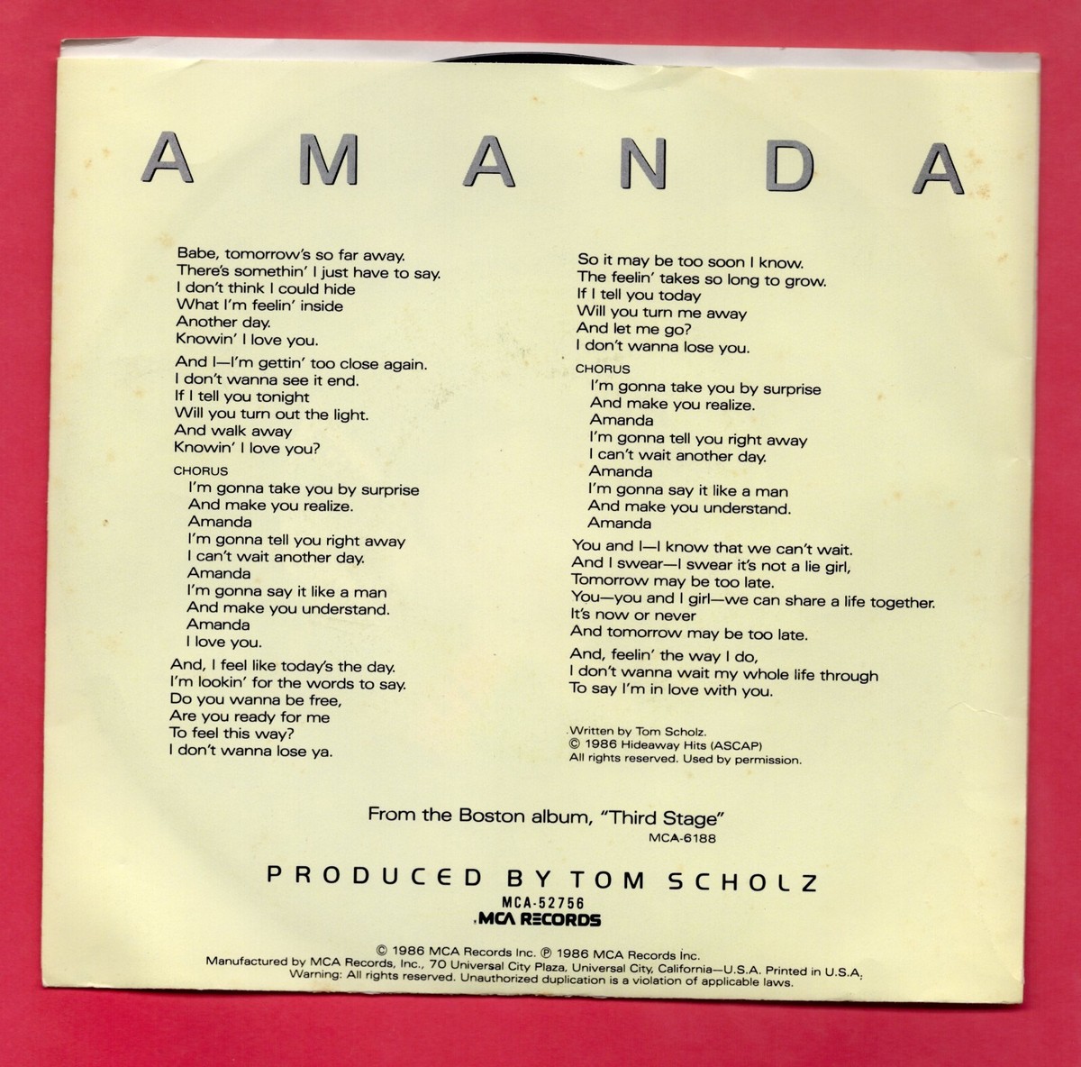 Boston Amanda / My Destination 45RPM 1986 MCA Records MCA-52756 R5