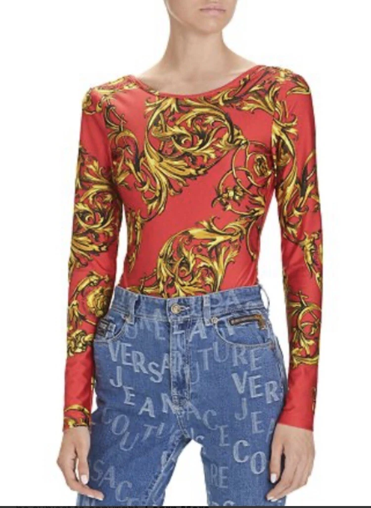 $250 Versace Jeans Couture Women Red Filigree One-Piece Bodysuit