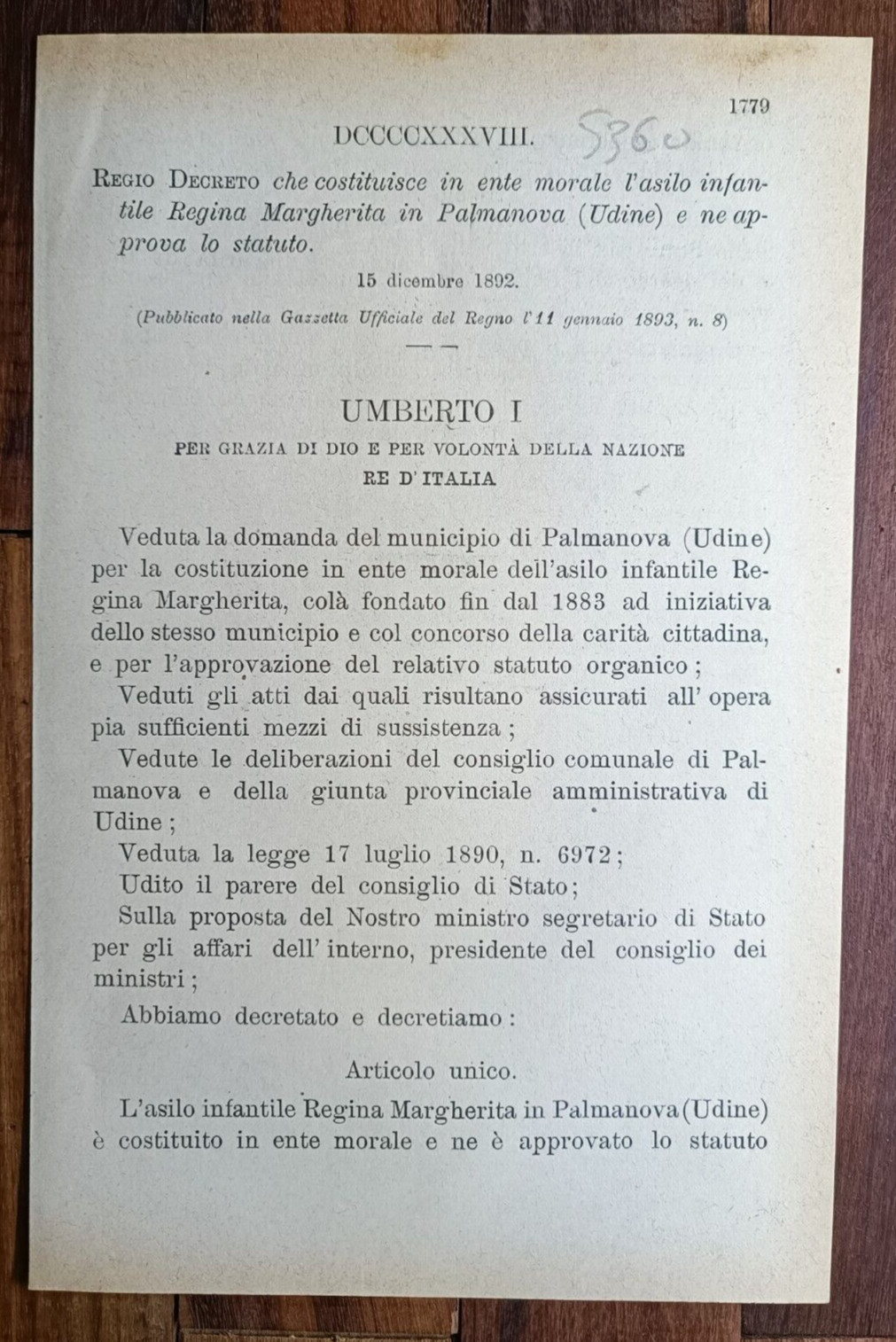 PALMANOVA 1892 REGIO DECRETO X L,ASILO INFANTILE-5360