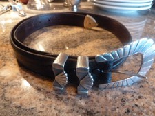 Black Leather Lizard Chacon Belt Sterling Silver Buckle Shell Design Size 36 1/2