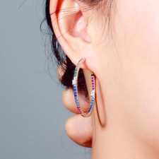 Women Silver Plated Multicolor Round Cubic Zirconia Circle Hoop Earrings Jewelry