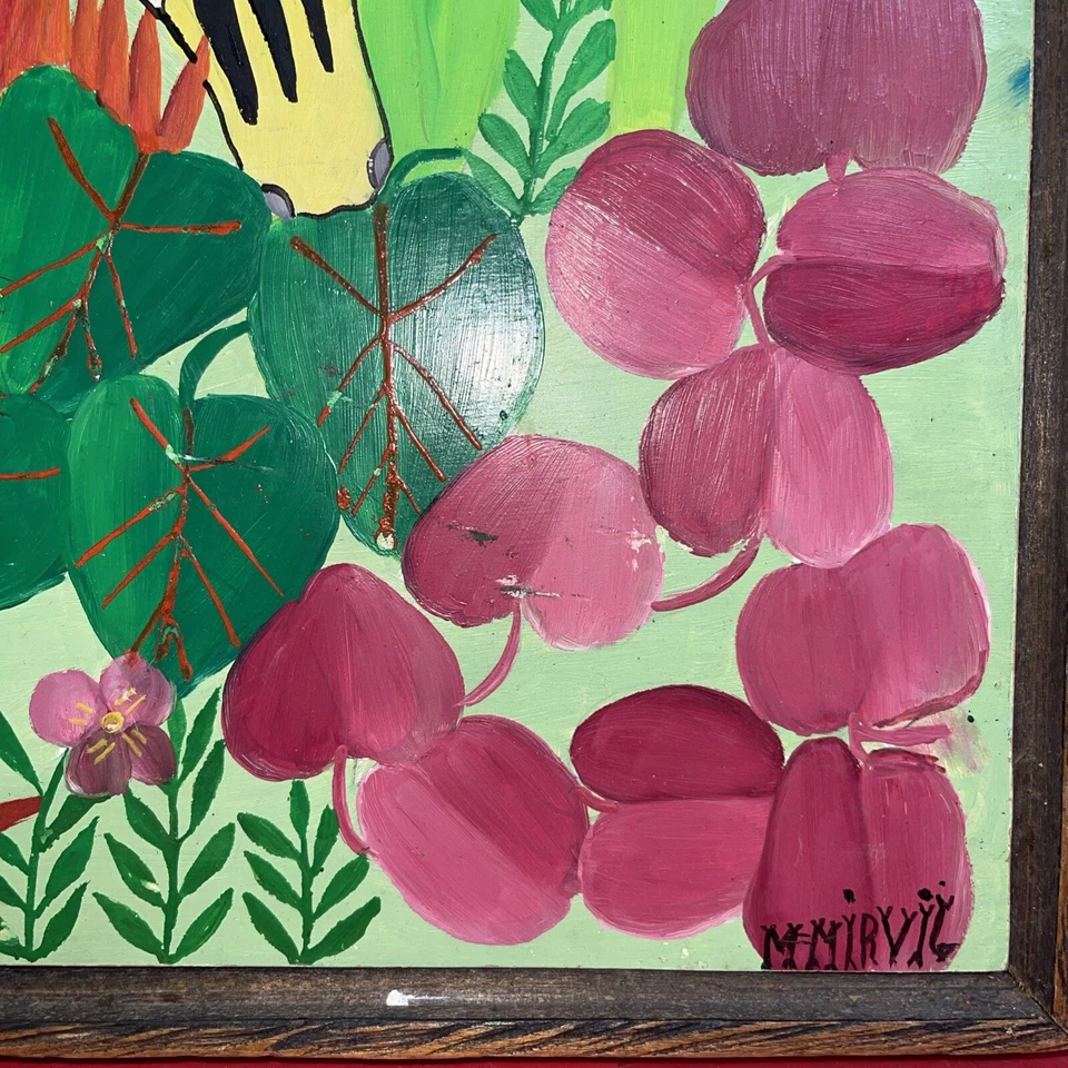Arte de la selva haitiana, artista M. Mirvil colores brillantes firmado enmarcado 16Hx20w Foto 2 de 4