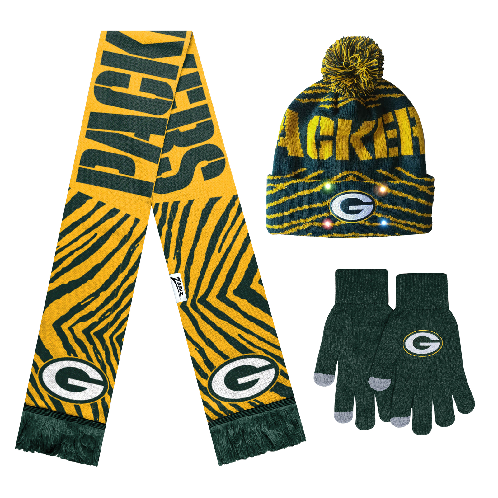 Зимний комплект FOCO X Zubaz NFL, состоящий из 3-х перчаток, шарфа и шапки, Green Bay Packers