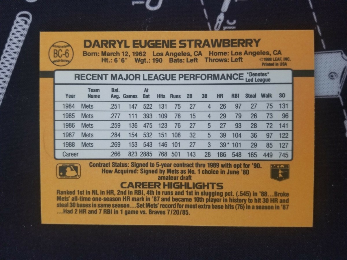 Donruss 89 Darryl Strawberry BC-6 MVP * ERROR * - Denotes - Card