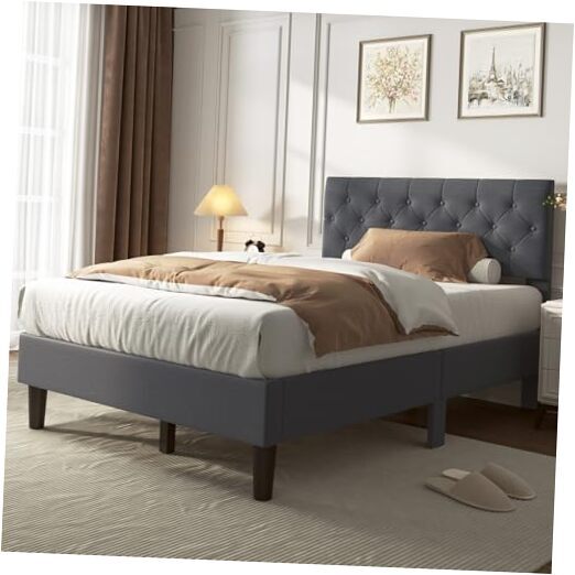 Twin Upholstered Platform Bed Frame with Button Tufted Headboard