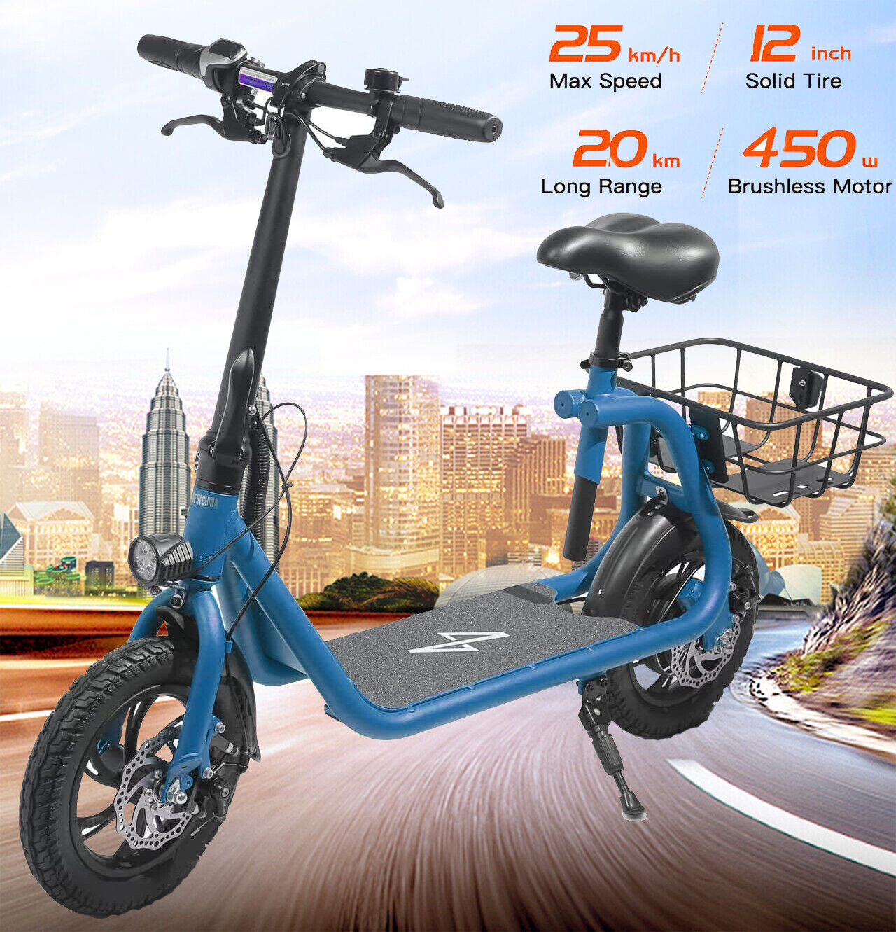 450W Sport Electric Scooter Commuter with Seat Folding Adult Ebike Bicycle Blue