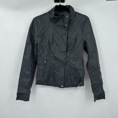 RD Style Womens Jacket Small Gray Moto Biker Faux Leather Button Casual Pockets
