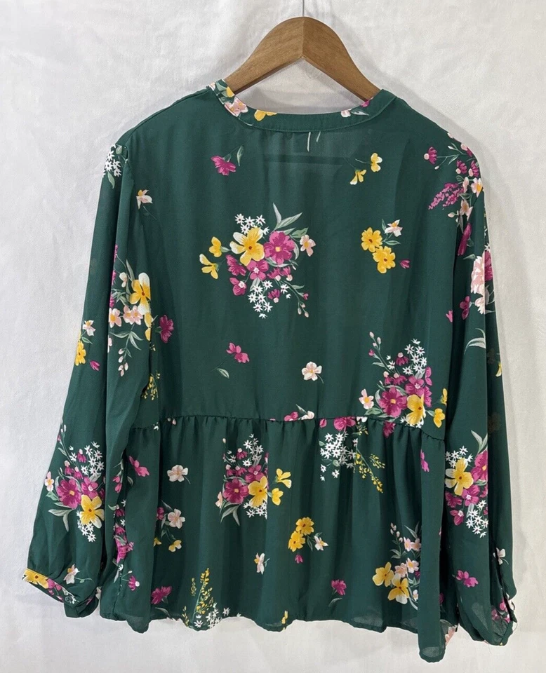 Blusa Columpio Verde Manga Larga Semi Transparente Floral Azul Marino Antigua Talla XL Naturaleza Hada Foto 3 de 4