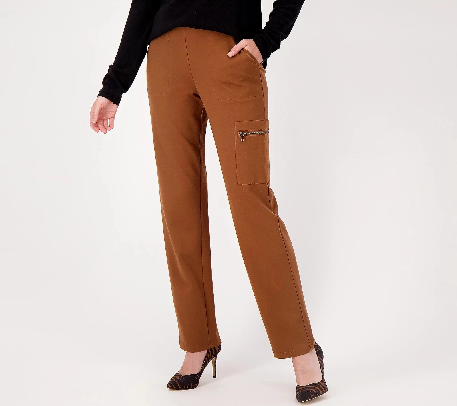 Pantalon jambe droite Susan Graver Supreme tricot avec poche zippée caramel XXS A547223