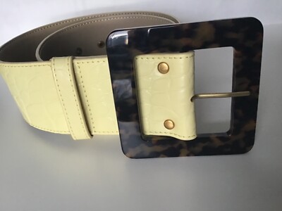 STAUD Wide Belt in Croc-Effect Embossed Leather Butter/Gold Tortoise Resin M-NWT
