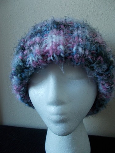 Hand knitted warm & fuzzy beanie/hat, pink/gray/white/lavender - Picture 2 of 7