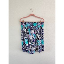 Vintage Tropical Floral Rayon Shorts Navy Teal Purple Elastic Waist Size S