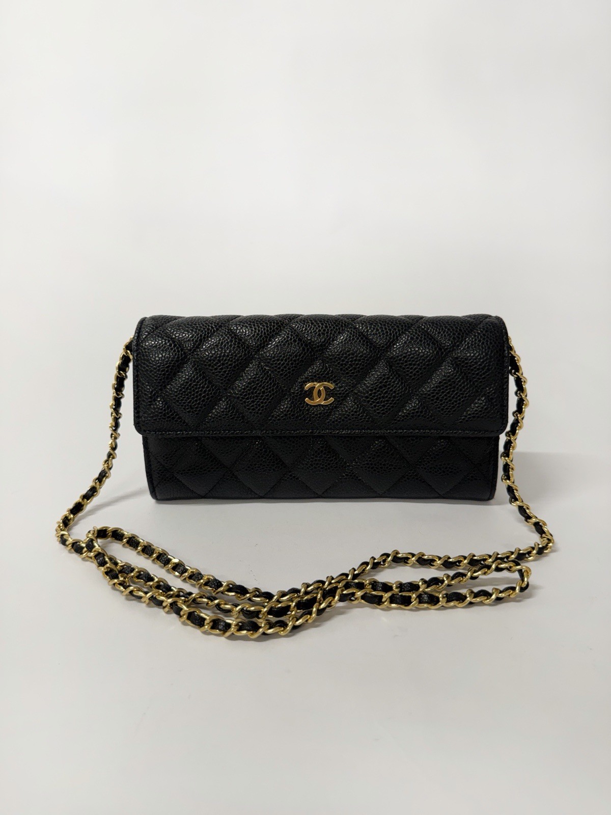 Chanel Wallet — Black Caviar Leather with Gold Hardware With Chain