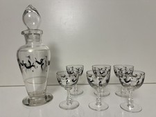 ART DECO ENAMELLED Glass DECANTER SET Antique 1930sCocktail Port Glasses, Bowman