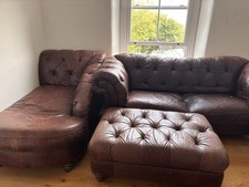 Vintage Brown Leather Chesterfield Sofa Set with Chaise & Footstool(3pieces)