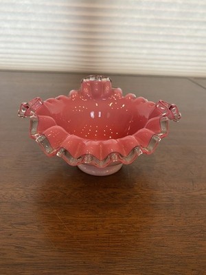 VTG FENTON Silver Crest PEACH BLOW Ruffled Rim Art Glass Vase 3.5''H
