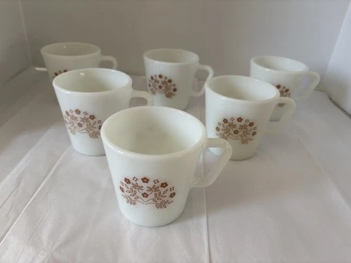 VINTAGE PYREX Coffee Cups Mugs SUMMER IMPRESSIONS Brown Flower D-Handle Set of 6