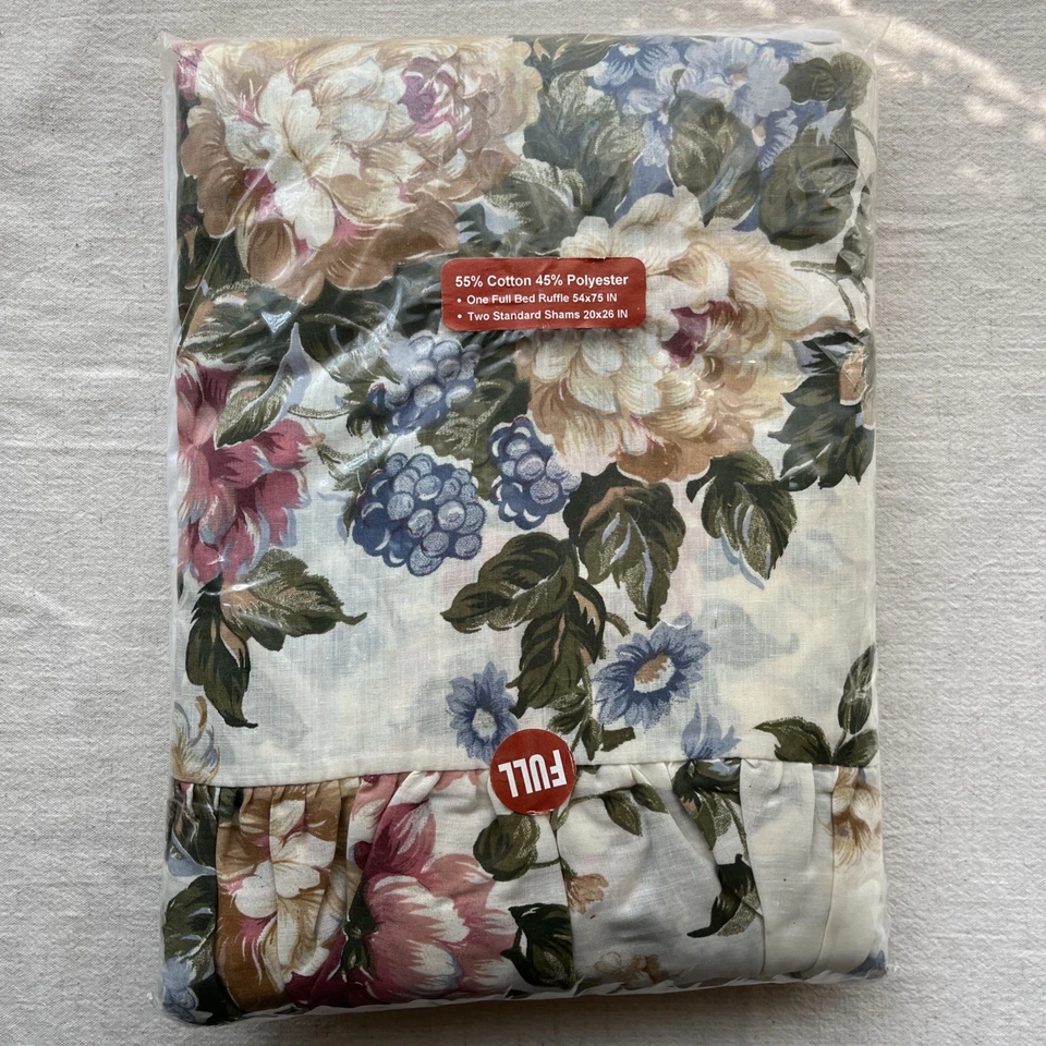 Juego de cama vintage COMPLETO falda de cama con volantes y dos fundas de almohada casa de campo rosas Foto 2 de 4