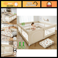 Spacious Baby Playpen with Soft Mat, 47x47in Beige for Infants Toddlers