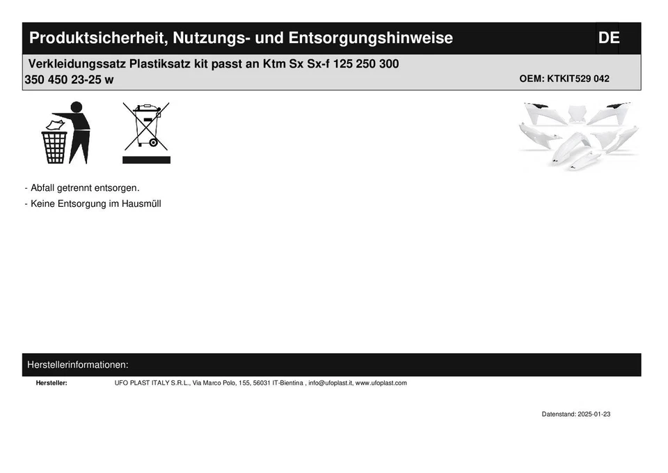Verkleidungssatz Plastiksatz kit passt an Ktm Sx Sx-f 125 250 300 350 450 23-25 - Bild 3 von 3