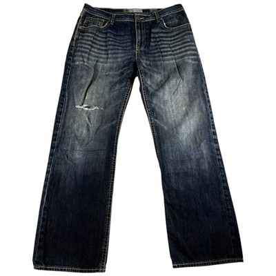 Buckle BKE Tyler Straight Leg Jeans Men 38 Large Blue Denim Whiskered Distressed