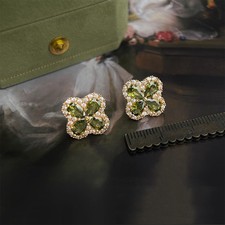Orecchini a perno quadrifoglio verde tono oro zirconi scintillanti vintage orecchini reali