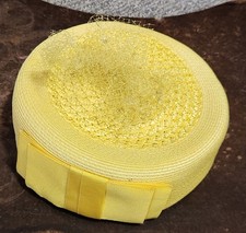 Vintage Yellow Pillbox Hat, Woven Straw, Decorative Bow On Side, With Mesh Veil