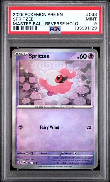 2025 POKEMON PRISMATIC EVOLUTIONS #038 - SPRITZEE MASTER BALL REVERSE HOLO PSA 9