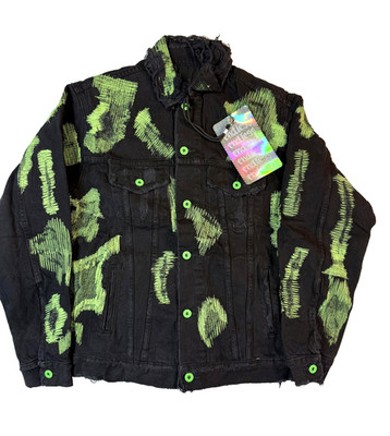 Endless Vlone Denim Jacket Mens L Black Neon Green Embroidered Distressed Grunge