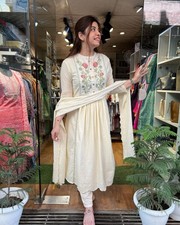 Women Ivory Embroidered Cotton Kurti Set with Pant Dupatta FREE SHIPPING