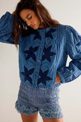 Free People Quinn Quilted Jacket Crop Boxy Star Appliqué Indigo Denim  NWT
